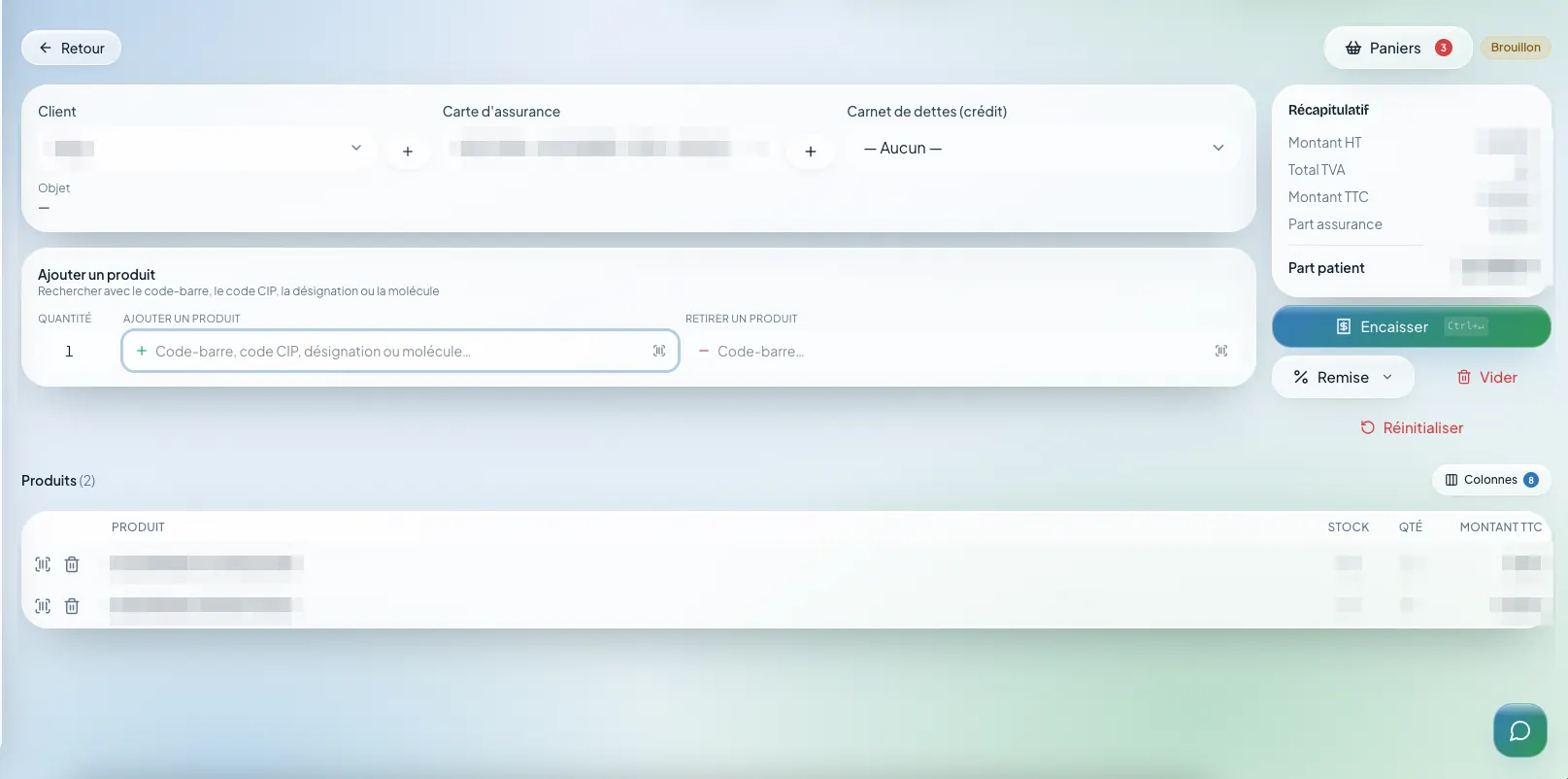 Vente avec tiers payant dans Phénix : carte d'assurance, part assurance et part patient calculées automatiquement