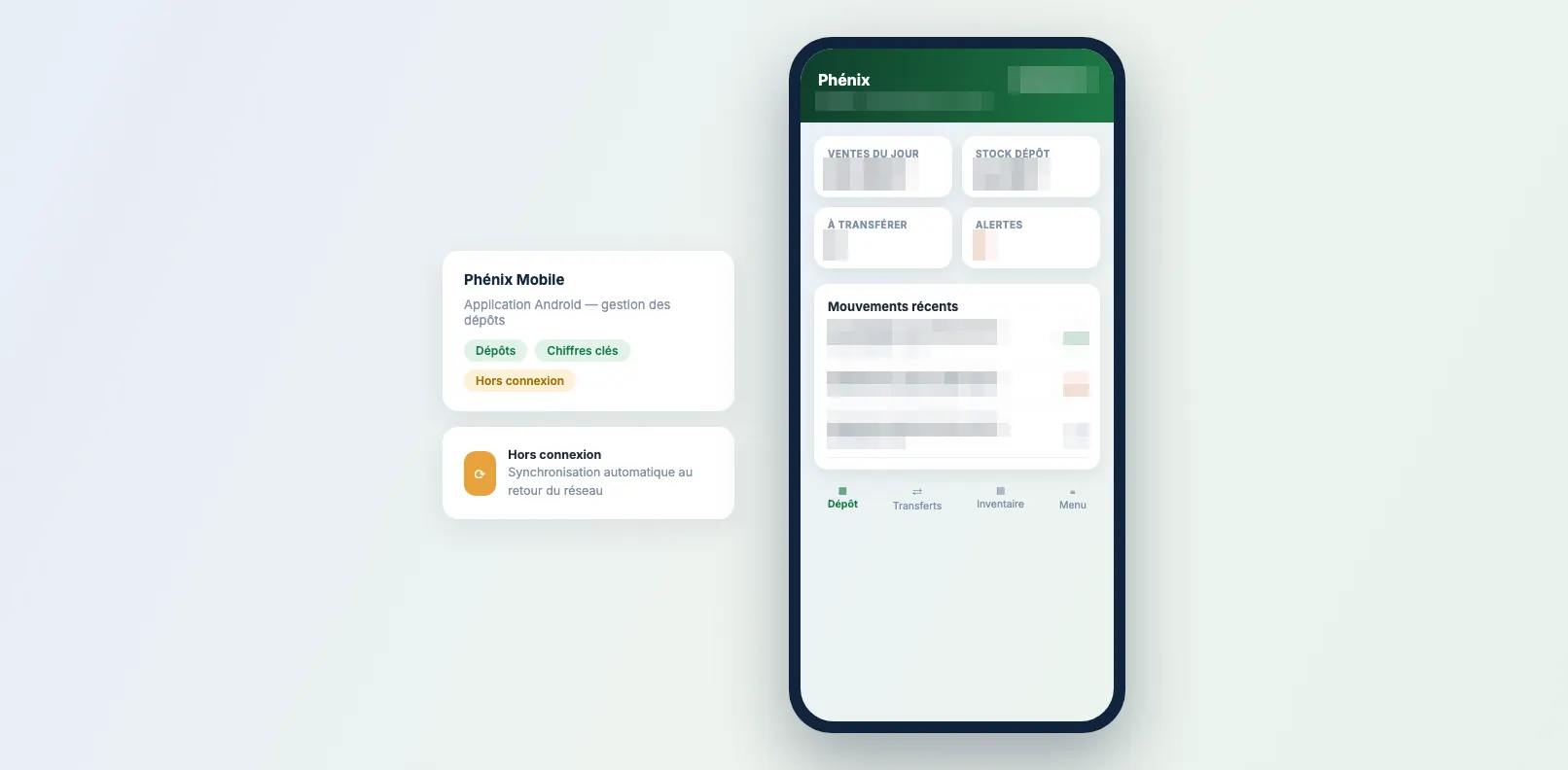 Application Android Phénix Mobile : chiffres clés du dépôt, mouvements de stock et synchronisation hors connexion